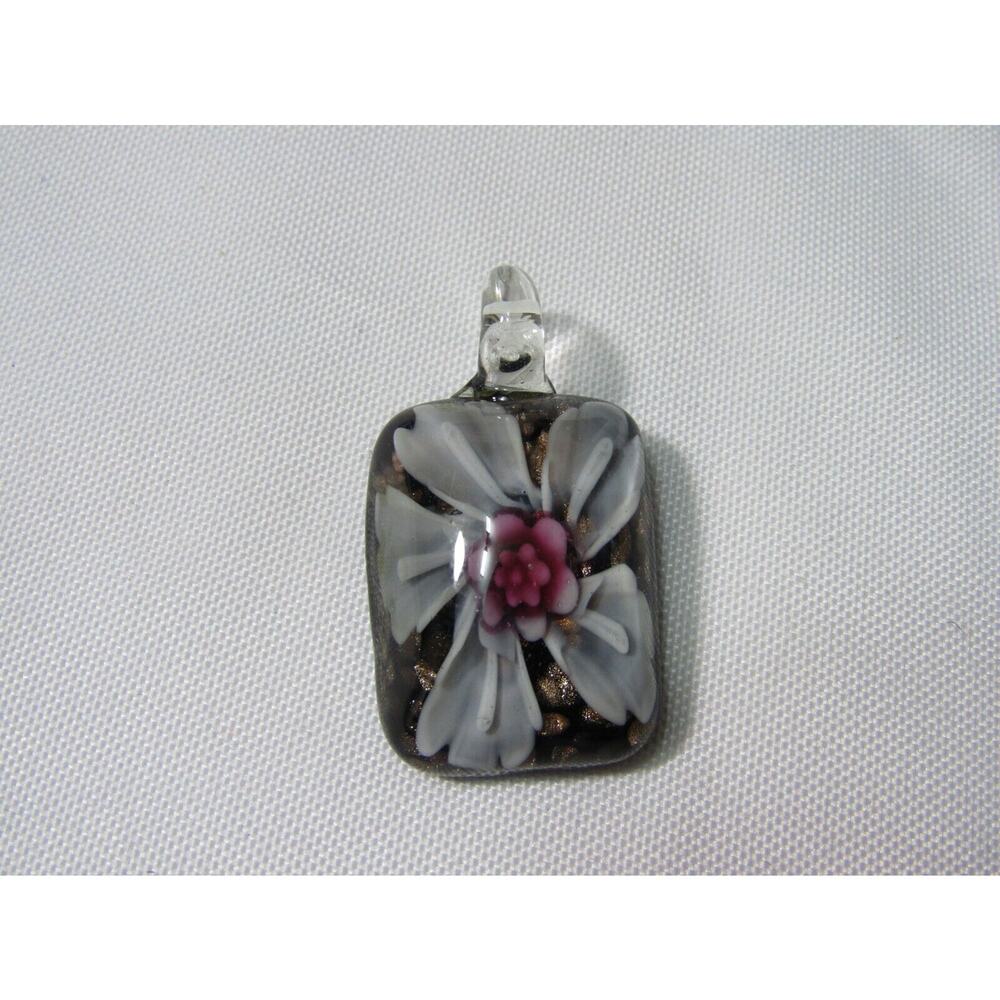 White Pink Floral Art Glass Pendant Charm‎ 1 3/4" Flower Teardrop Boho Charm